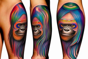 Black orangutan with rainbow hair smiling while turning away tattoo idea