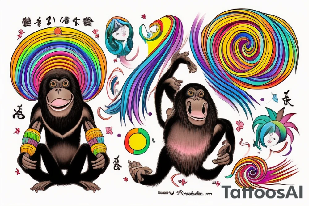 Black orangutan with rainbow hair smiling while turning away tattoo idea