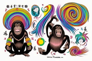 Black orangutan with rainbow hair smiling while turning away tattoo idea