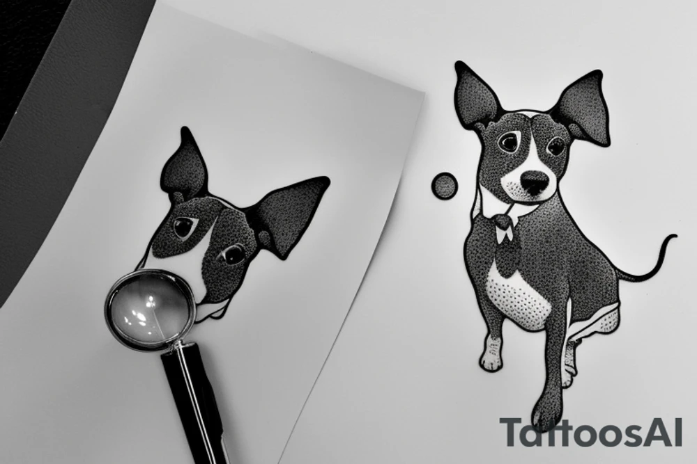Silhouette of a Jack Russell with really big ears that stand up in a magnifying glass tattoo idea