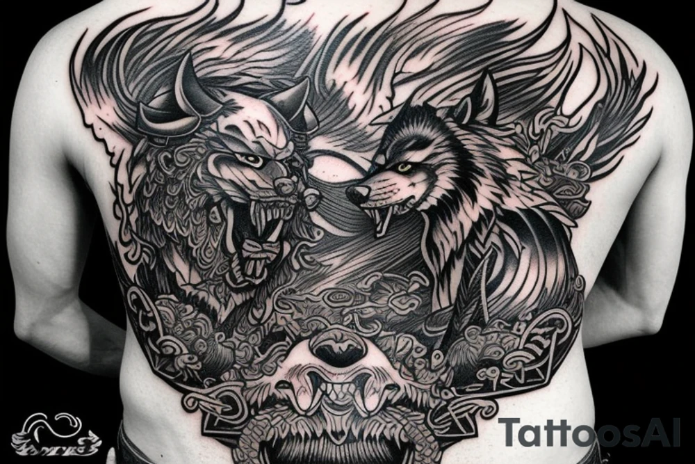 Back piece neo traditional samurai tiger and viking wolf tattoo idea