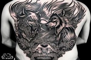 Back piece neo traditional samurai tiger and viking wolf tattoo idea