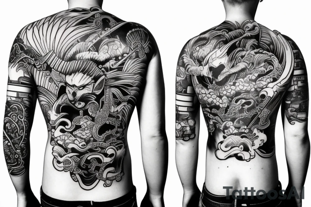 neotraditional samurai tiger backpiece tattoo idea