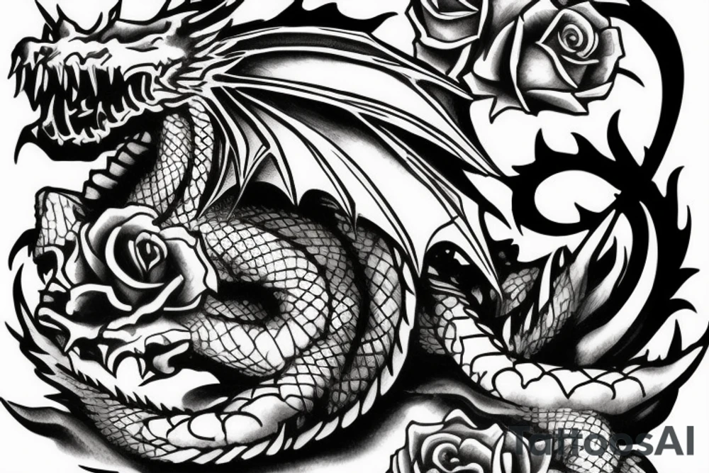 Dragon wrapped around a sword with roses tattoo idea Dragon wrapped around a sword with roses tattoo idea