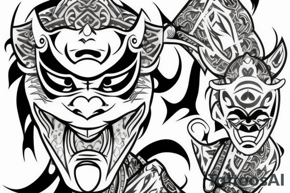 Oni mask with scroll in mouth tattoo idea