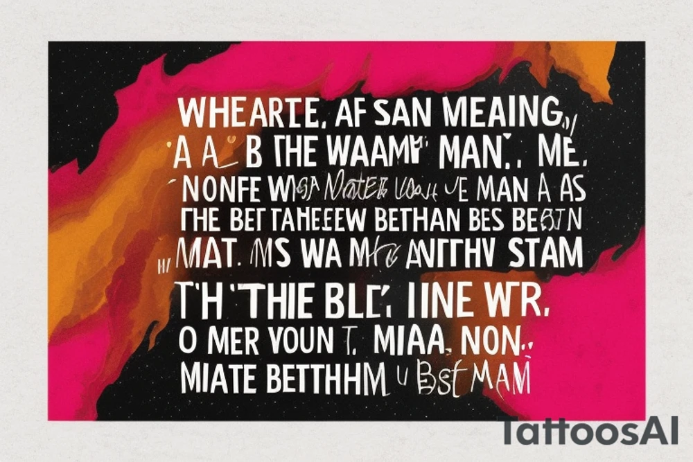 Shakespeare quote with a splash of warm color behind it. The quote says "but whate'er I be,
Nor I nor any man that but man is
With nothing shall be pleased, till he be eased
With being nothing." tattoo idea