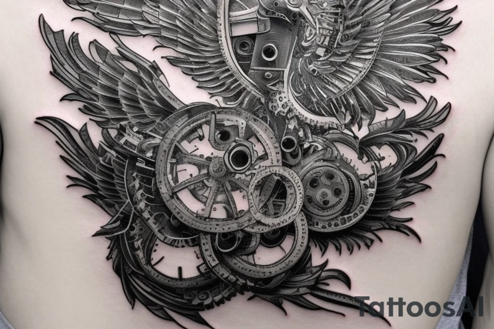 A mechanical phoenix made of gears and metal tattoo idea