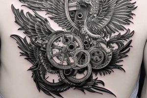 A mechanical phoenix made of gears and metal tattoo idea