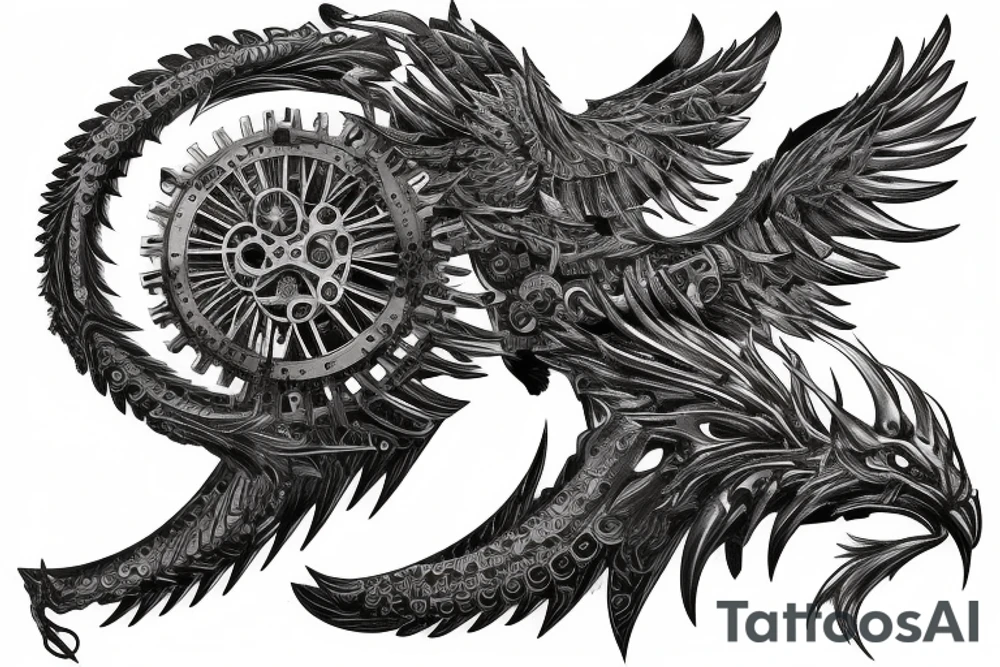 A mechanical phoenix made of gears and metal tattoo idea