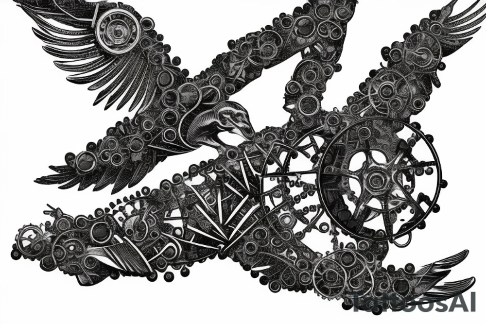 A mechanical bird taking flight made of gears and metal tattoo idea