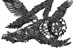 A mechanical bird taking flight made of gears and metal tattoo idea