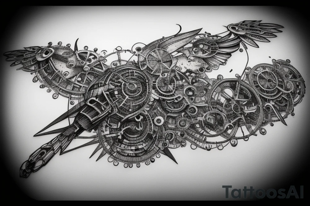 A mechanical bird taking flight made of gears and metal tattoo idea