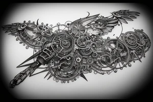 A mechanical bird taking flight made of gears and metal tattoo idea