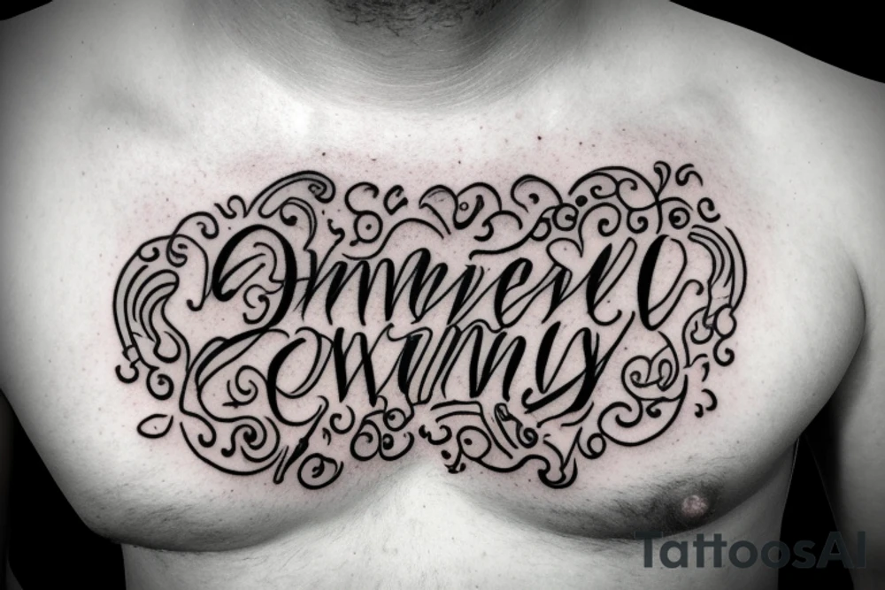 Chest center piece with the word family in the middle and some clouds tattoo idea