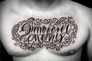Chest center piece with the word family in the middle and some clouds tattoo idea