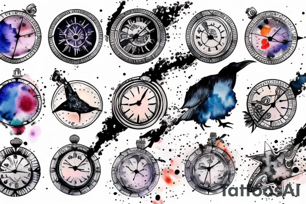 Pocket watch, raven, water color splashes, planets, stars, compass, semicolon tattoo idea