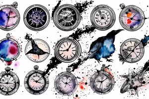 Pocket watch, raven, water color splashes, planets, stars, compass, semicolon tattoo idea