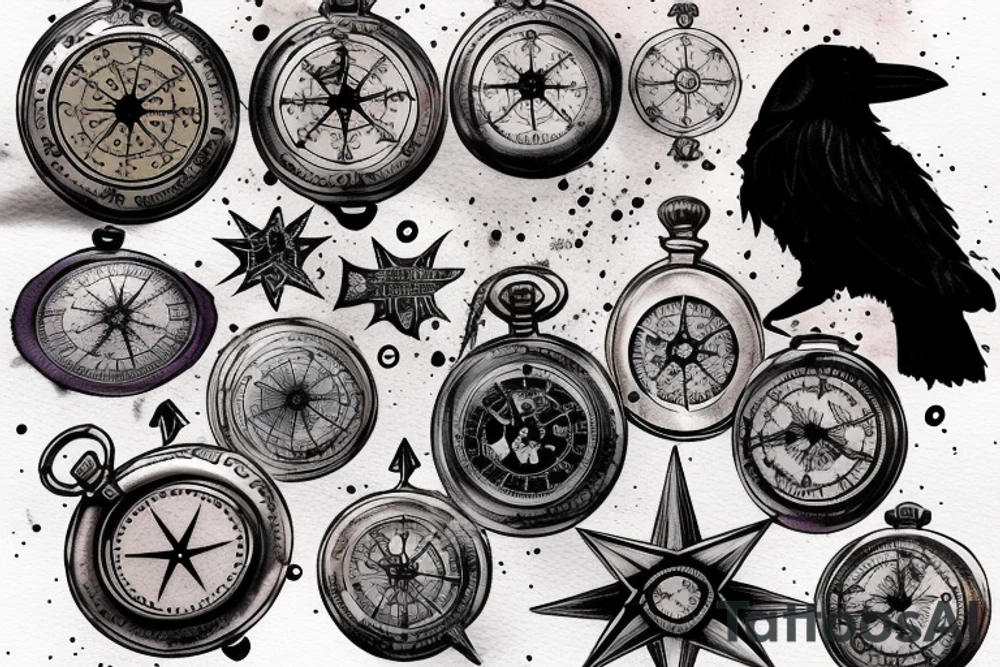 Pocket watch, raven, water color splashes, outter space, compass rose tattoo idea