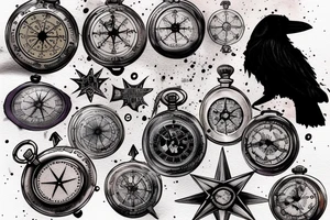 Pocket watch, raven, water color splashes, outter space, compass rose tattoo idea