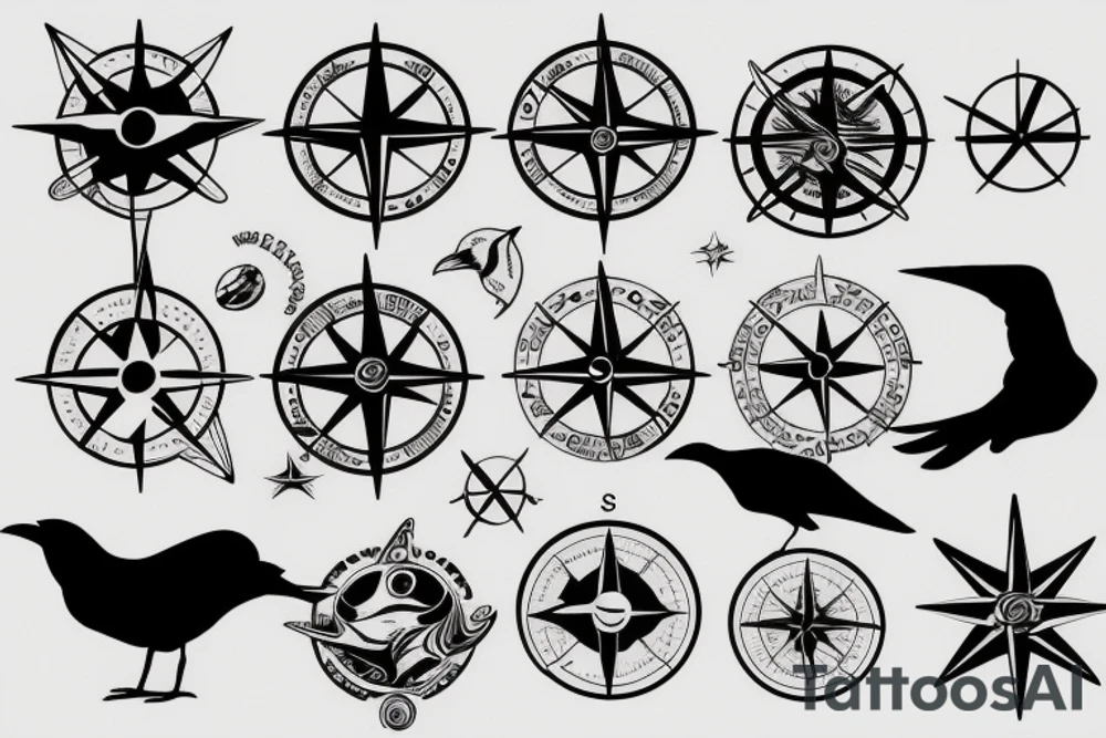Outer space, compass rose, ocean, raven tattoo idea