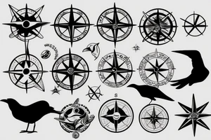 Outer space, compass rose, ocean, raven tattoo idea