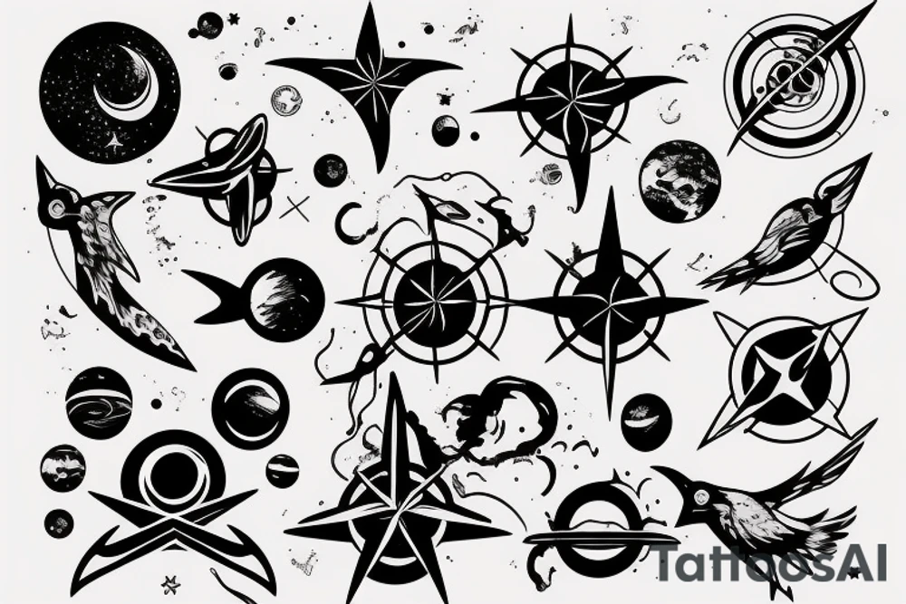 Outer space, compass rose, ocean, raven tattoo idea