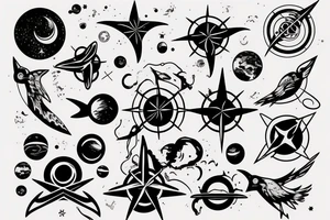 Outer space, compass rose, ocean, raven tattoo idea