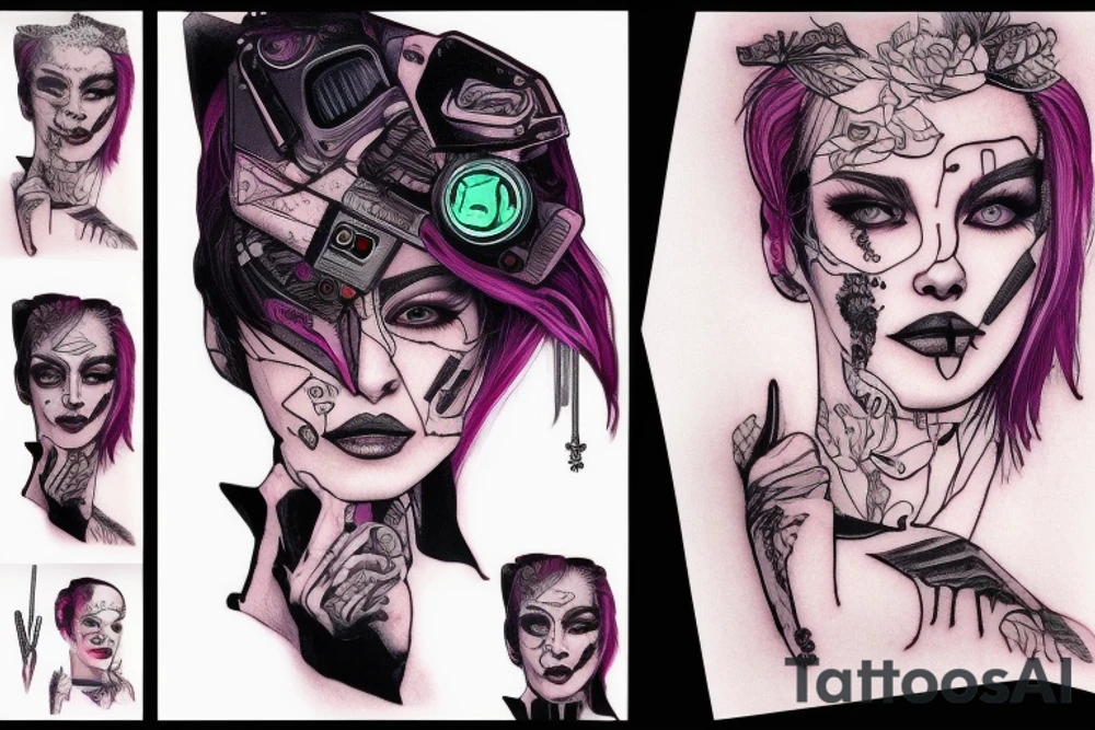 Woman surreal portrait half cyberpunk style tattoo idea