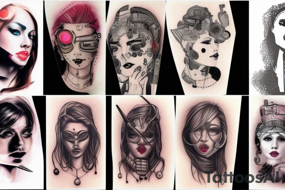 Woman surreal portrait half cyberpunk style tattoo idea