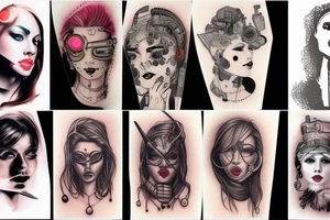 Woman surreal portrait half cyberpunk style tattoo idea