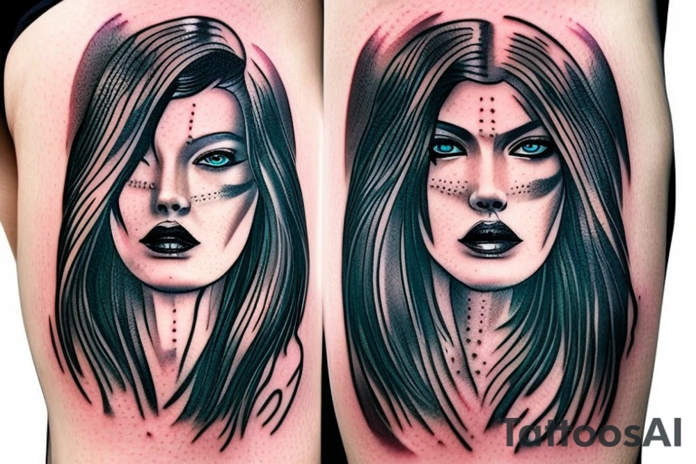 Woman surreal portrait half cyberpunk style tattoo idea