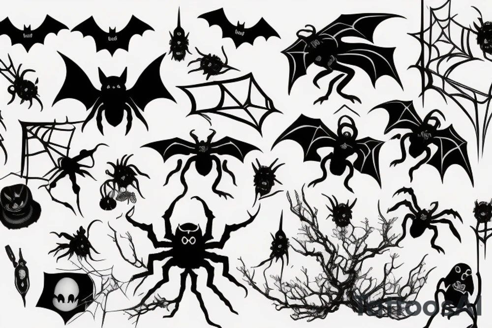 Spooky Halloween with rat, bat, and spiders tattoo idea