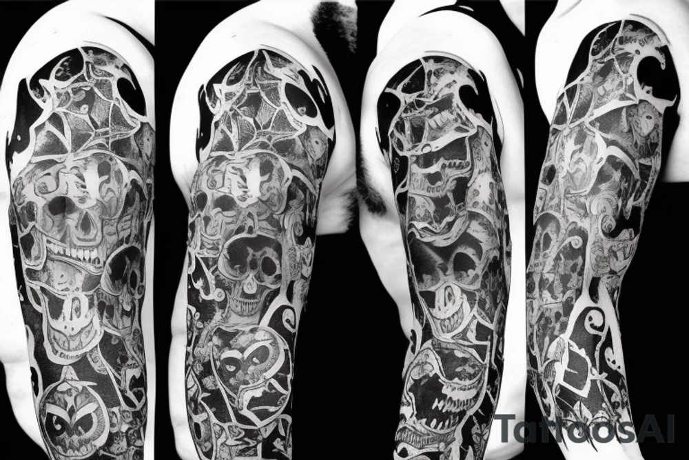 Spooky Halloween sleeve with rat, bat, and spiders tattoo idea