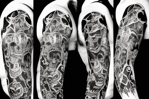 Spooky Halloween sleeve with rat, bat, and spiders tattoo idea