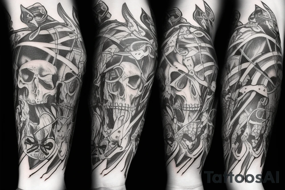 sleeve with bones, rat, bat, and spiders tattoo idea