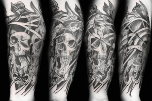 sleeve with bones, rat, bat, and spiders tattoo idea