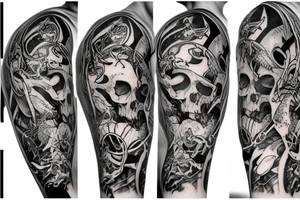sleeve with bones, rat, bat, and spiders tattoo idea