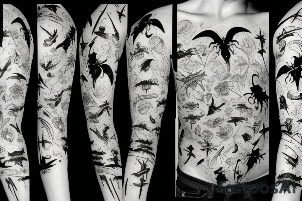 sleeve with arm bones, bat and insects tattoo idea sleeve with arm bones, bat and insects tattoo idea