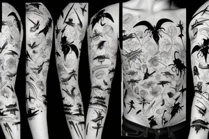 sleeve with arm bones, bat and insects tattoo idea