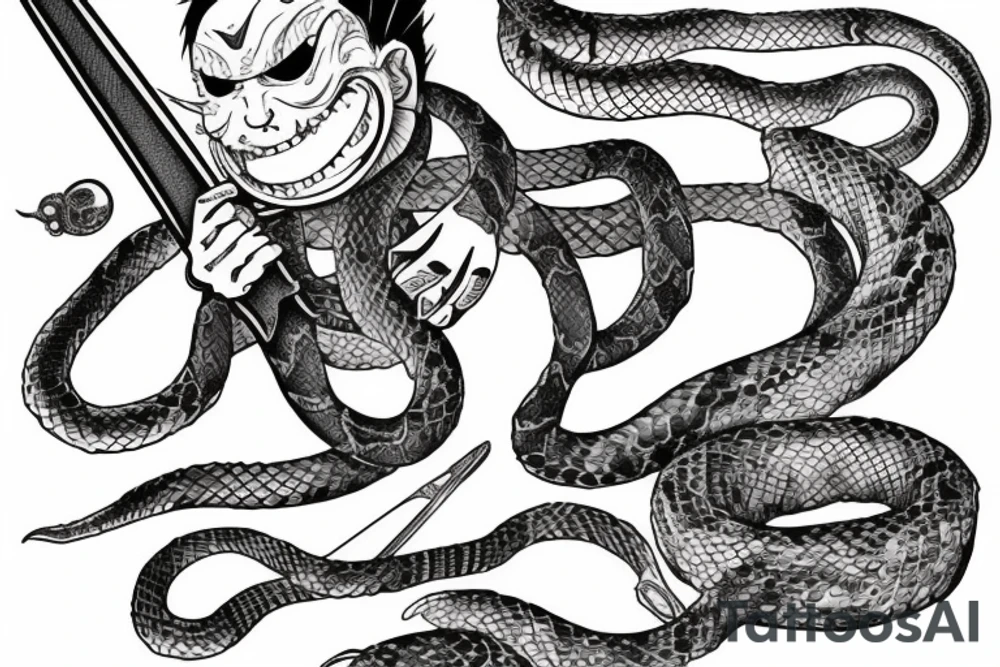 a strange relative laughs at a snake wrapped around a sword tattoo idea
