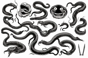 a strange relative laughs at a snake wrapped around a sword tattoo idea
