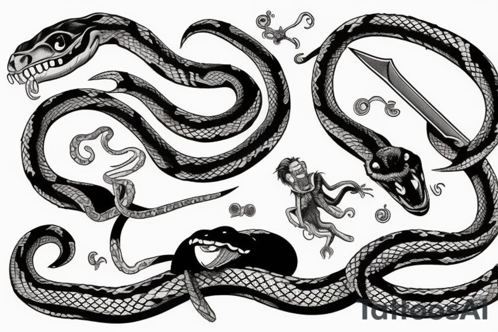 a strange relative laughs at a snake wrapped around a sword tattoo idea