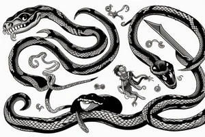 a strange relative laughs at a snake wrapped around a sword tattoo idea