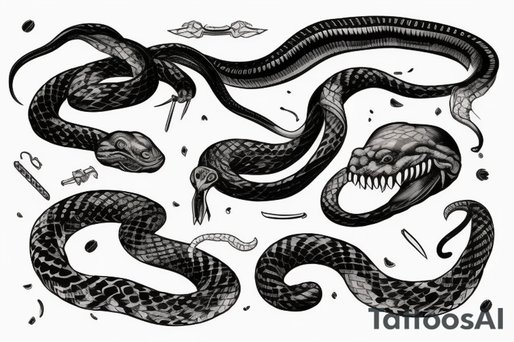 a strange relative laughs at a snake wrapped around a sword tattoo idea