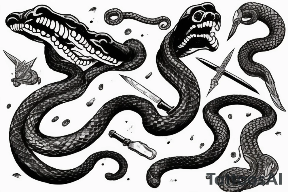 a strange relative laughs at a snake wrapped around a sword tattoo idea