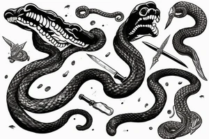 a strange relative laughs at a snake wrapped around a sword tattoo idea