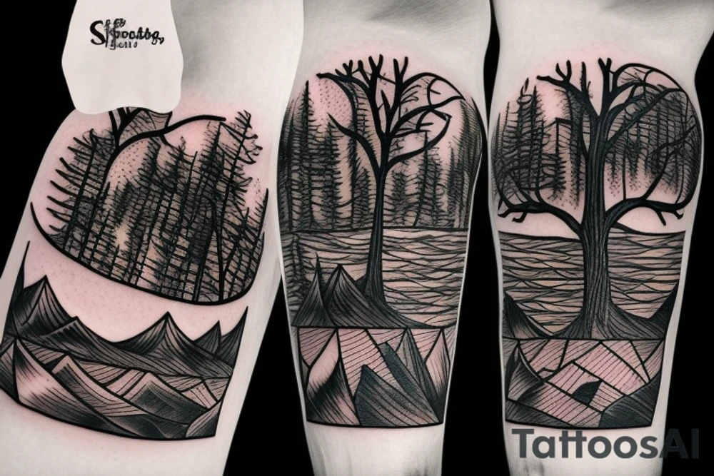 Sunset looking over the sea with a forest and metal music tattoo idea