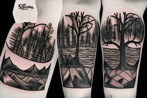 Sunset looking over the sea with a forest and metal music tattoo idea