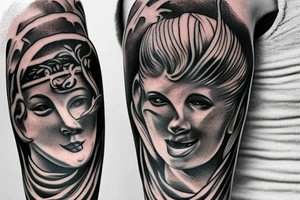 Arm tattoo wich represents justice and freedom with a greek mitical style athenea tattoo idea