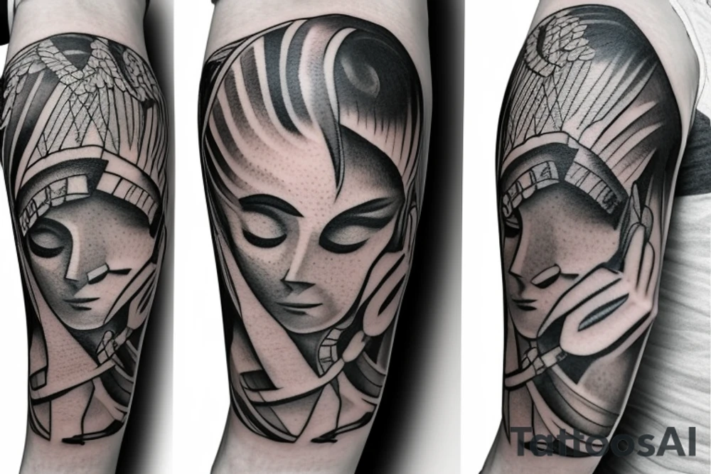 Arm tattoo wich represents justice and freedom with a greek mitical style athenea tattoo idea